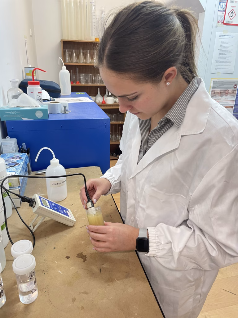 Image showing laboratory technician performing testing by holding probe in tube of soluble salt content sample.